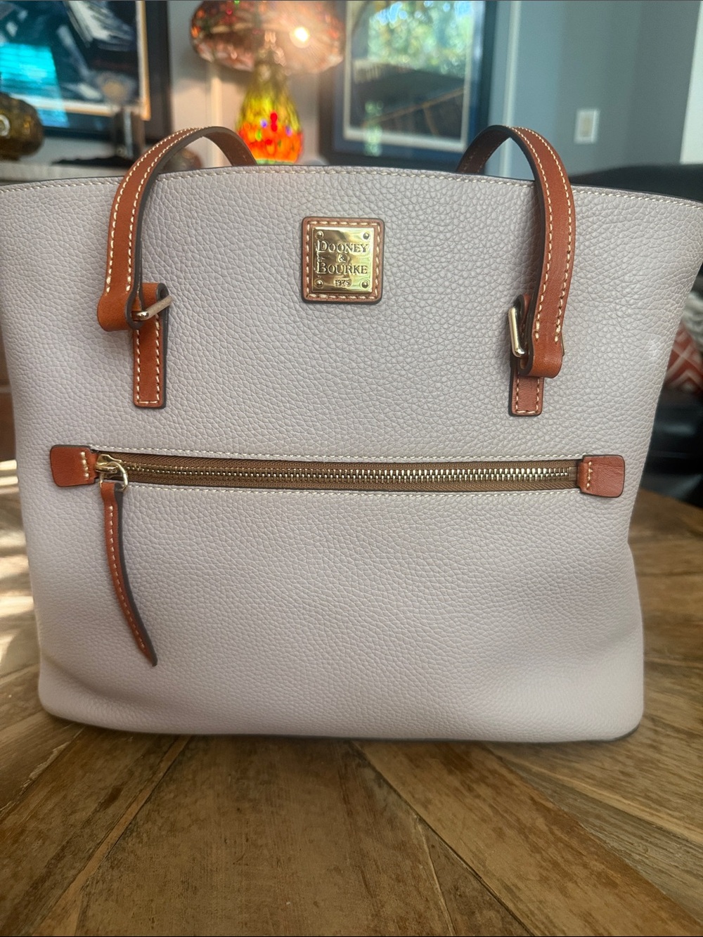 Dooney & Bourke Light Gray Pebbled Leather Tote with Brown Trim